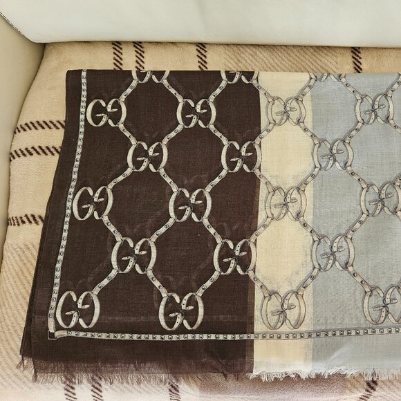 Gucci GG Logo Belt Print Blue & Brown Rectangle Fringe Wool/Silk Pashmina Scarf - Picture 2 of 7